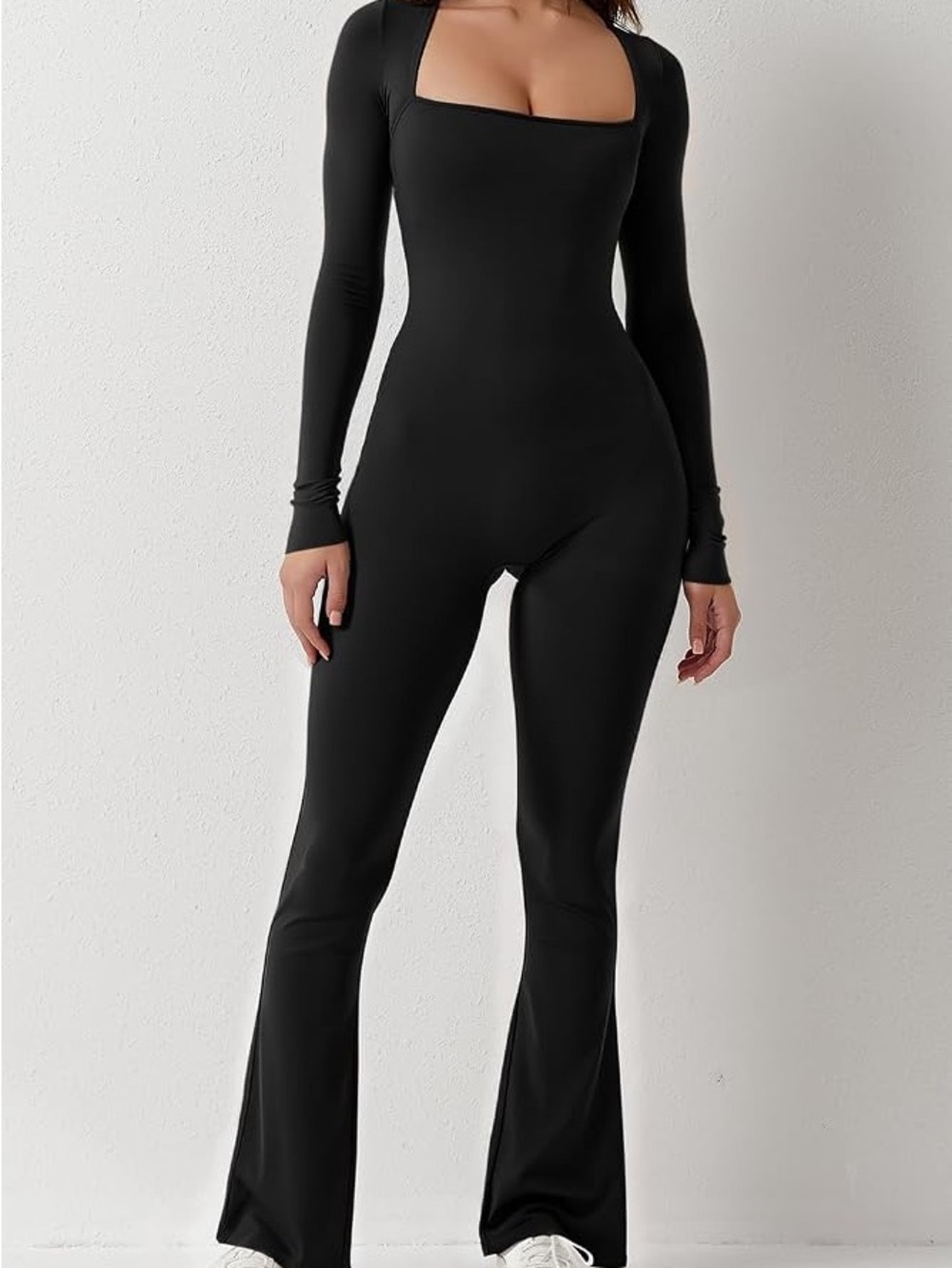 Long Sleeve Square Neck Black flare Jumpsuit